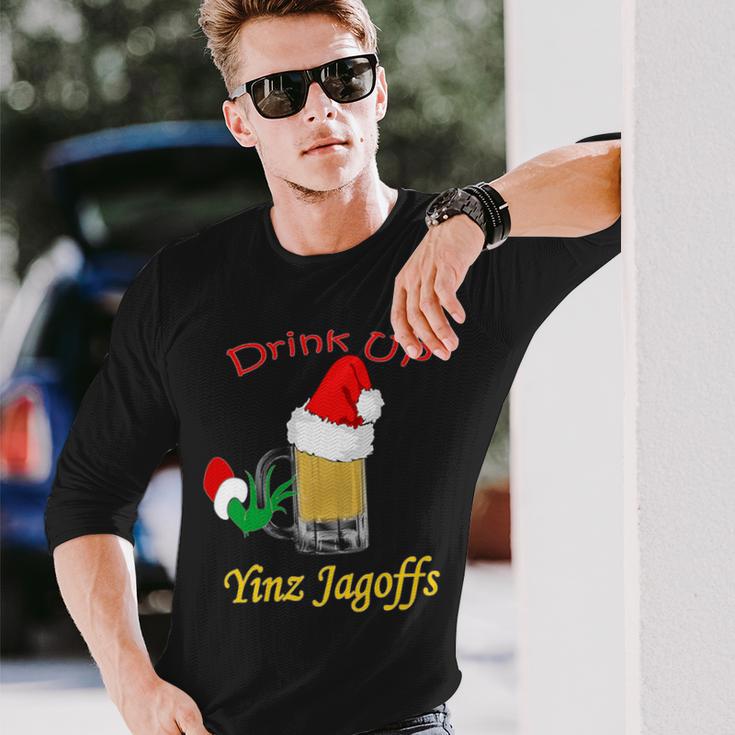 Drink Up Yinz Jagoffs Beer With Santa Hat Pittsburgh Theme Long Sleeve T-Shirt Gifts for Him