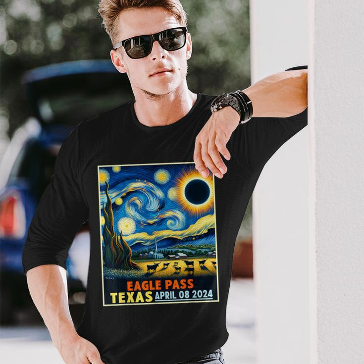 Eagle Pass Texas Total Solar Eclipse 2024 Starry Night Long Sleeve T-Shirt Gifts for Him
