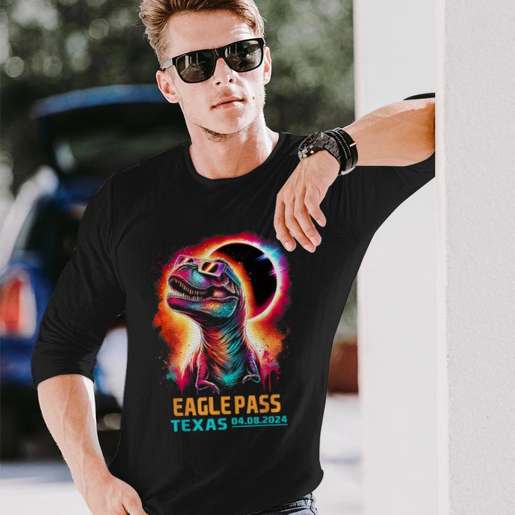 Eagle Pass Texas Total Solar Eclipse 2024Rex Dinosaur Long Sleeve T-Shirt Gifts for Him