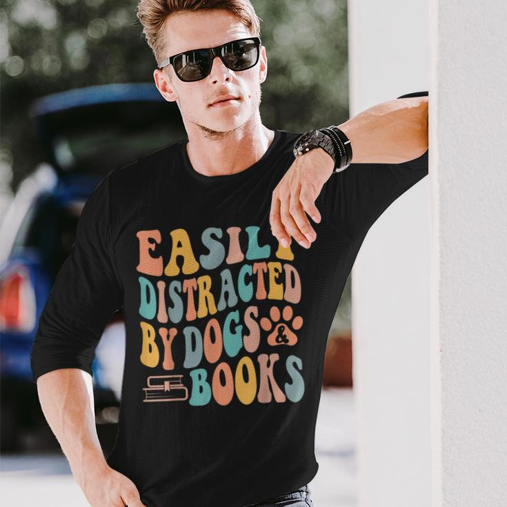 Easily Distracted By Dogs & Books Animals Book Lover Groovy Long Sleeve T-Shirt Gifts for Him