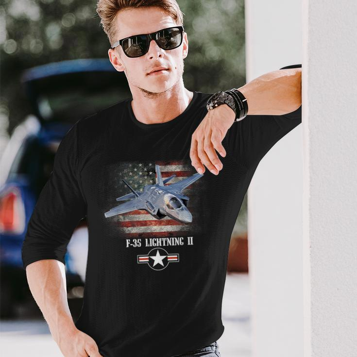 F-35 Lightning 2 Us Flag Proud Air Force Military Veteran Long Sleeve T-Shirt Gifts for Him