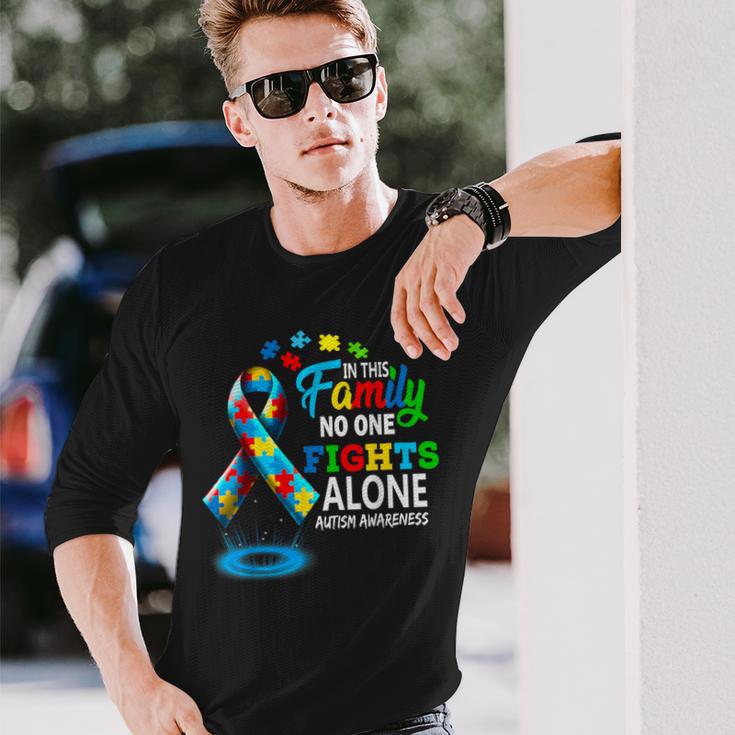 In This Family Nobody Fights Alone Blue Autism Awareness Long Sleeve T-Shirt Gifts for Him