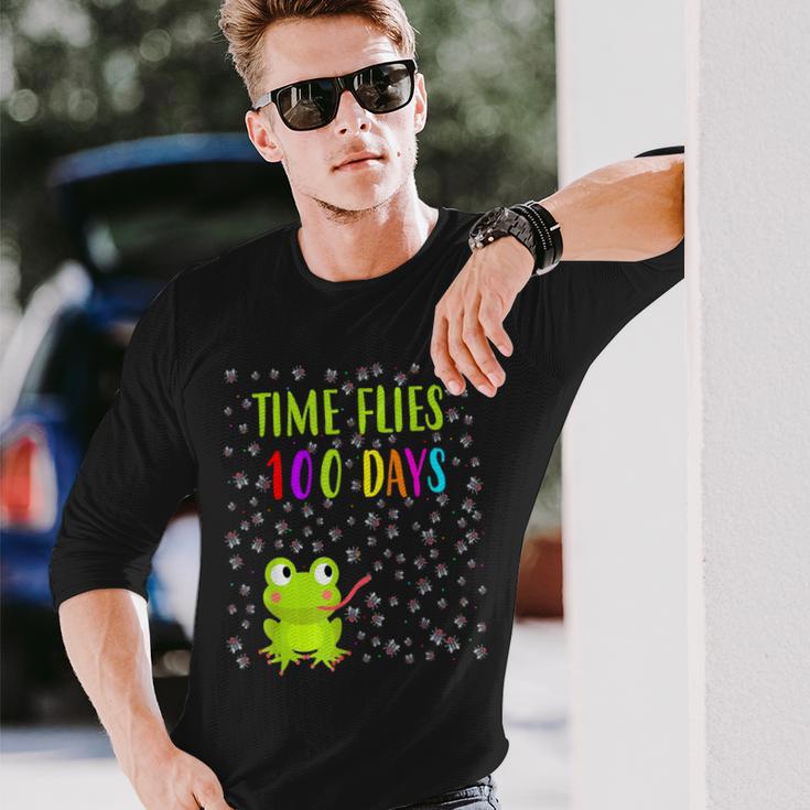 Frog Fly Time Flies 100 Days 100Th Day Of School Students Long Sleeve T-Shirt Gifts for Him