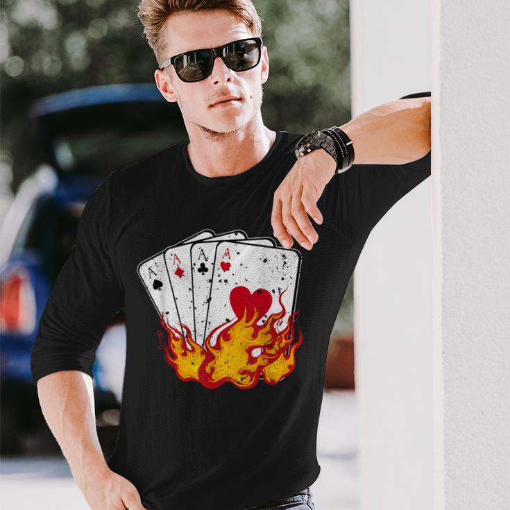 Poker 4 Aces Flames Texas Holdem Lucky Poker Long Sleeve T-Shirt Gifts for Him