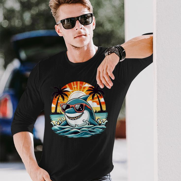 Retro Shark In Sunglasses 70S 80S 90S Cool Ocean Shark Long Sleeve T-Shirt Gifts for Him