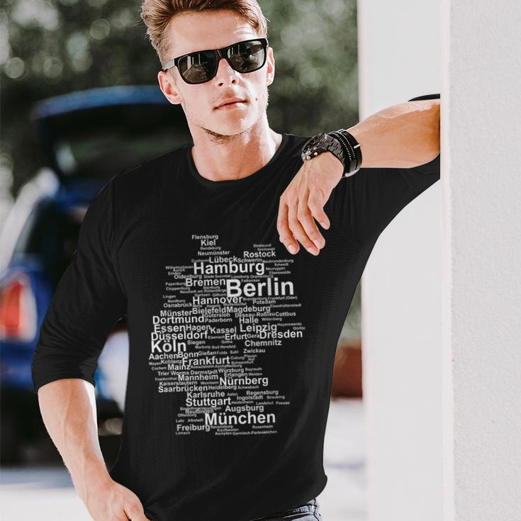 Germany Map Silhouette Towns Cities Berlin Hamburg Travel Long Sleeve T-Shirt Gifts for Him