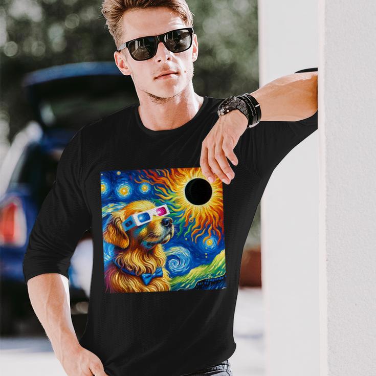 Golden Retriever Solar Eclipse 2024 Van Gogh Starry Night Long Sleeve T-Shirt Gifts for Him