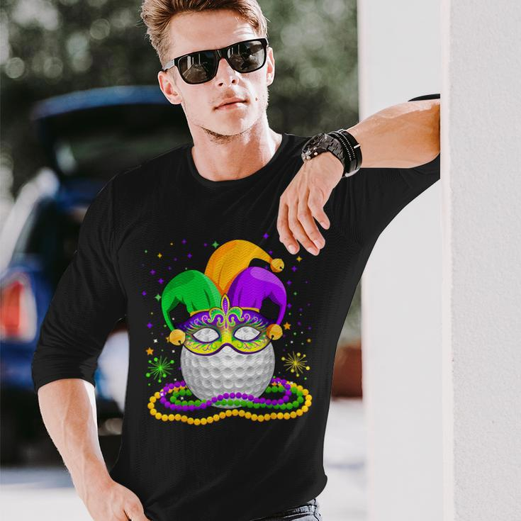 Golf Wearing Jester Hat Masked Beads Mardi Gras Player Long Sleeve T-Shirt Gifts for Him