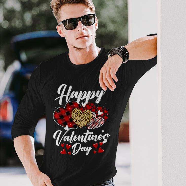 Happy Valentine's Day Hearts With Leopard Plaid Valentine Long Sleeve T-Shirt Gifts for Him