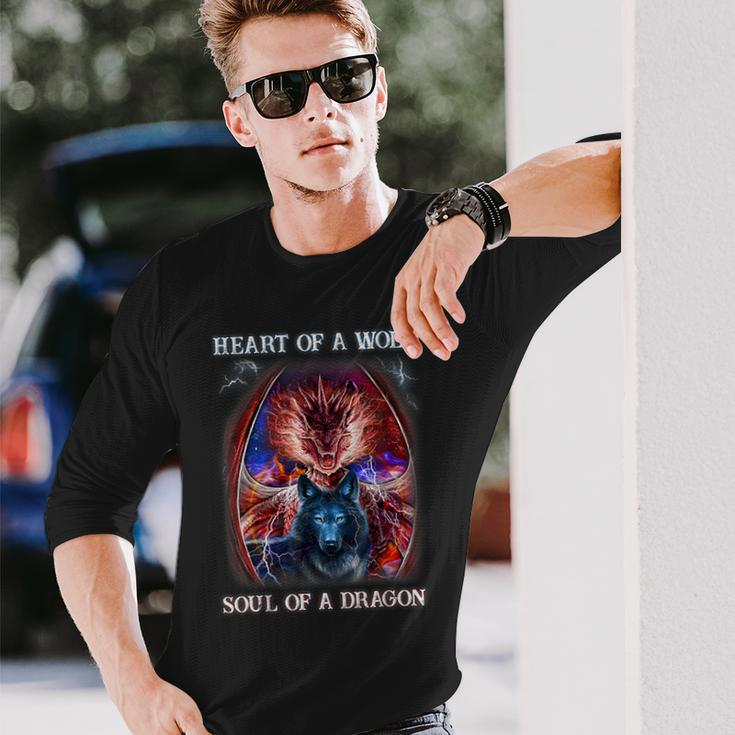 Heart Of Wolf Soul Of A Dragon Cool Dragon Wolf Warrior Long Sleeve T-Shirt Gifts for Him