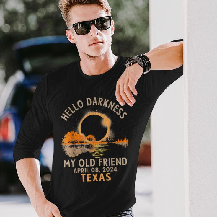 Hello Darkness My Old Friend Total Solar Eclipse 2024 Texas Long Sleeve T-Shirt Gifts for Him