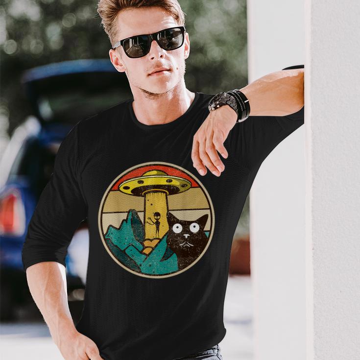 Herren Langarmshirts mit Alien-UFO-Katzen, Vintage-Stil, Lustiges Design Geschenke für Ihn