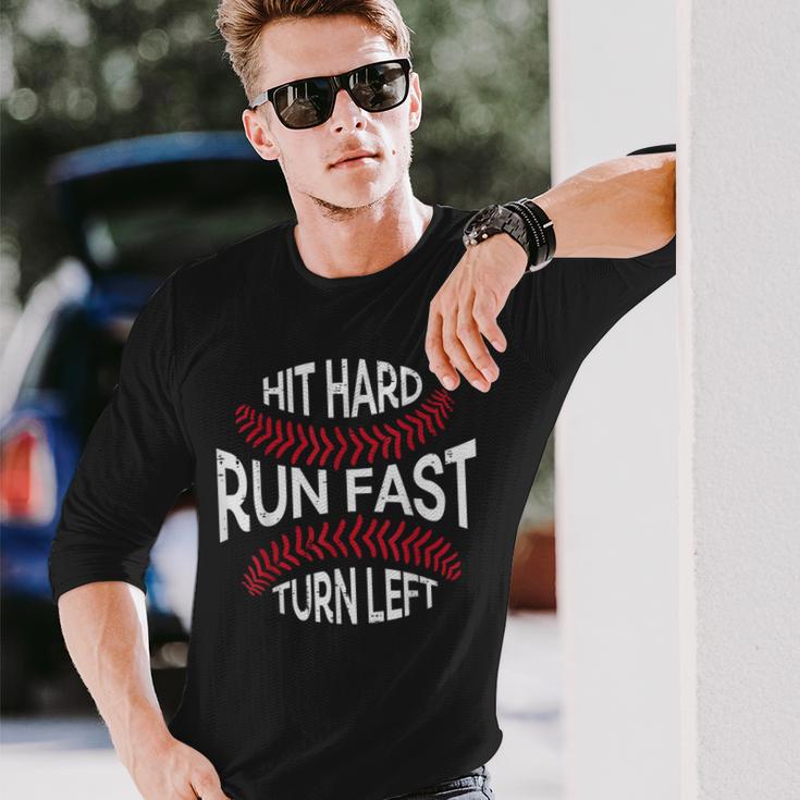 Hit Hard Run Fast Turn Left Baseball Player Boys Long Sleeve T-Shirt Gifts for Him