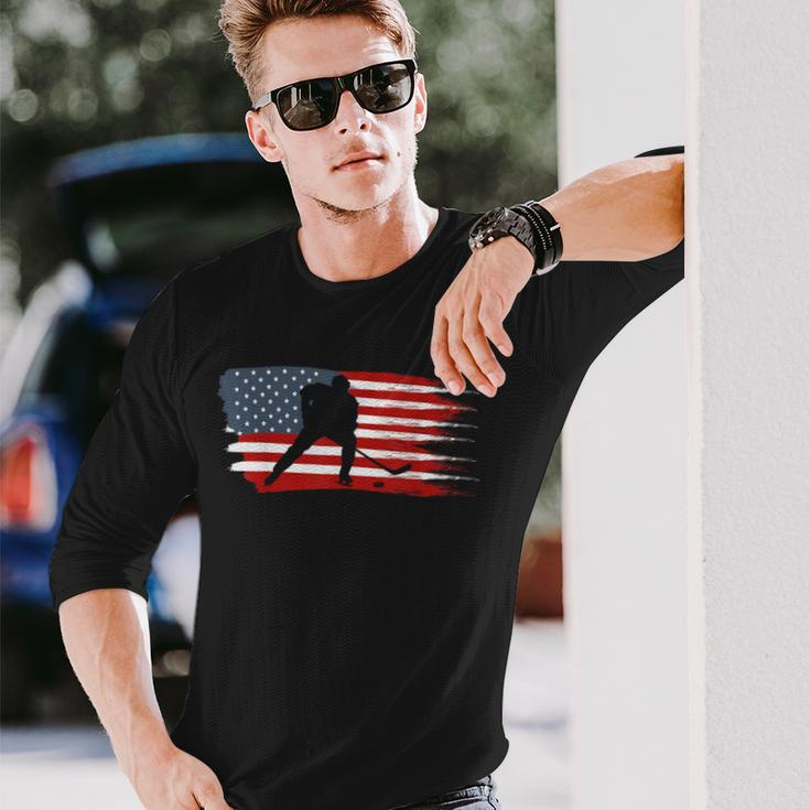 Hockey Usa Flag American Flag Patriotic Ice Hockey Long Sleeve T-Shirt Gifts for Him