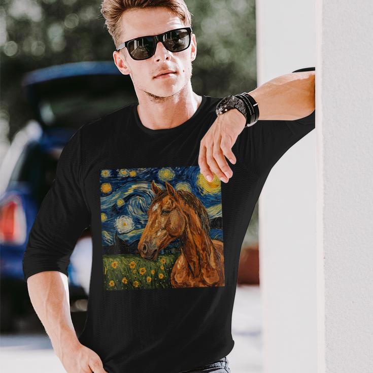 Horse Lover Van Gogh Style Starry Night Graphic Long Sleeve T-Shirt Gifts for Him