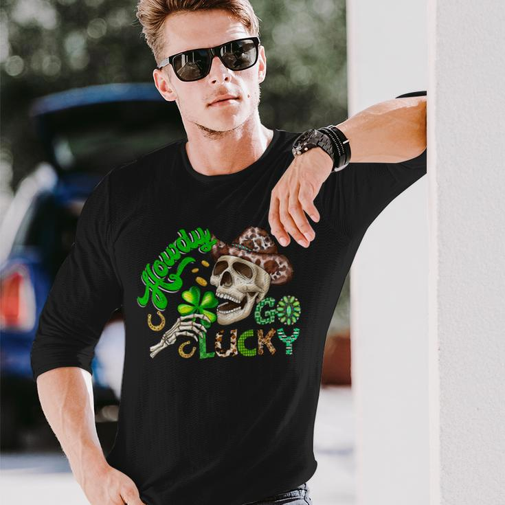 Howdy Go Lucky Leopard St Patrick's Day Western Cowboy Women Long Sleeve T-Shirt Gifts for Him