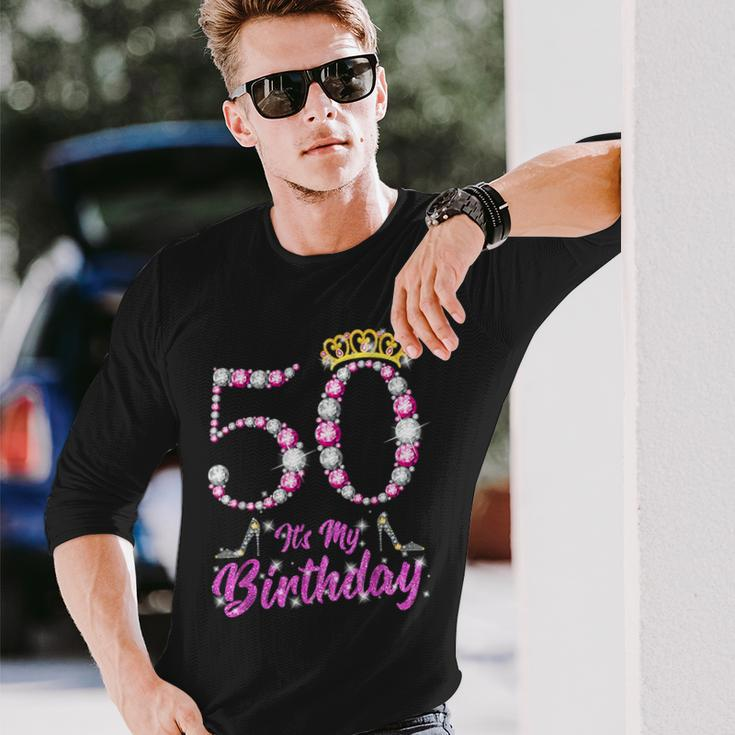 It's My 50Th Birthday Queen Tiara Shoes 50 Yrs Old Bday Long Sleeve T-Shirt Gifts for Him