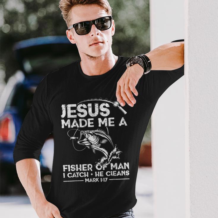 Jesus Made Me A Fisher Of Man Fishing Fisherman Christian Long Sleeve T-Shirt Gifts for Him