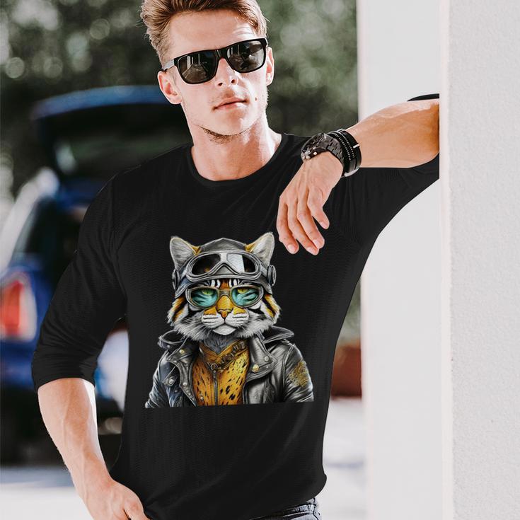 Katze Lederjacke Brille Bikerin Abenteuer Motorradfahrer Langarmshirts Geschenke für Ihn