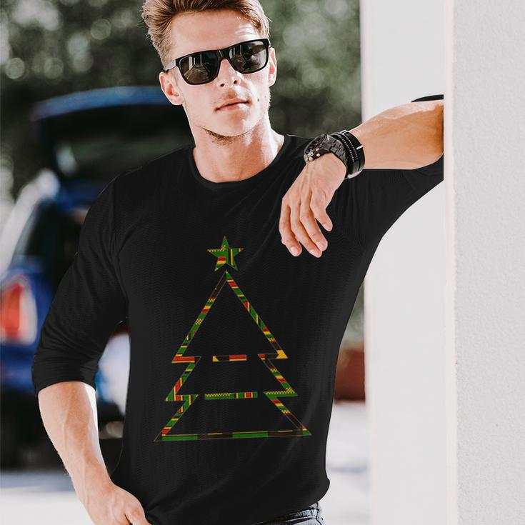 Kente Pattern Green Christmas Tree Xmas African Style Long Sleeve T-Shirt Gifts for Him