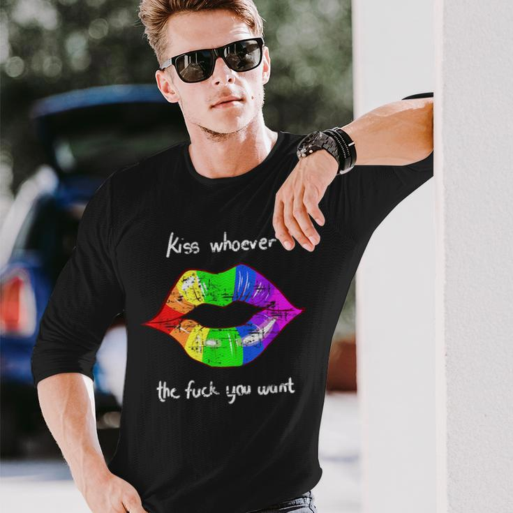Kiss Whoever The Fuck You Want Vintage Lgbt Rainbow Long Sleeve T-Shirt Gifts for Him