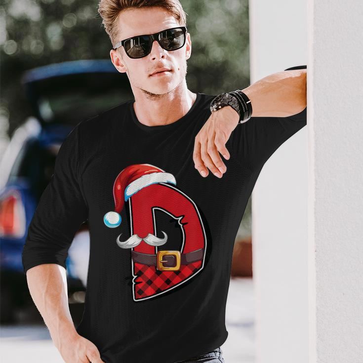 Letter D Initial Name Plaid Santa Hat Christmas Long Sleeve T-Shirt Gifts for Him