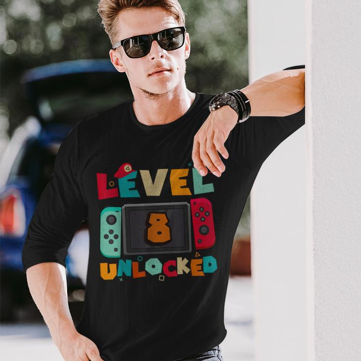 Level 8 Unlocked Gaming Birthday Boys Kid 8Th Birthday Gamer Long Sleeve T-Shirt Gifts for Him