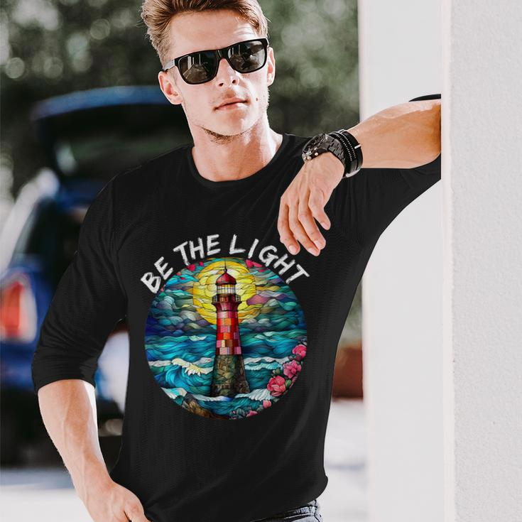 Be The Light Stained Glass Lighthouse Motivational Quote Long Sleeve T-Shirt Gifts for Him