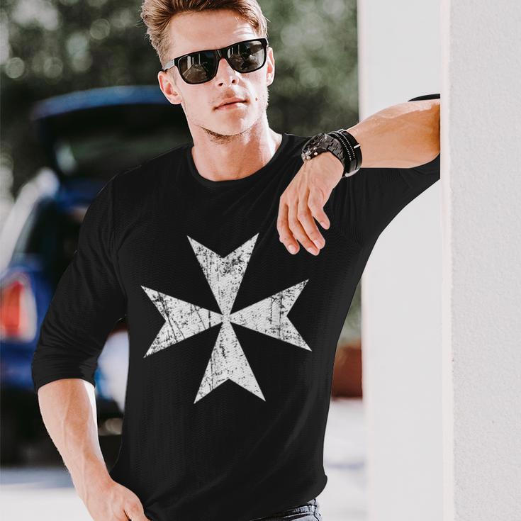 Maltese Cross Distressed White Print Malta Cross Long Sleeve T-Shirt Gifts for Him