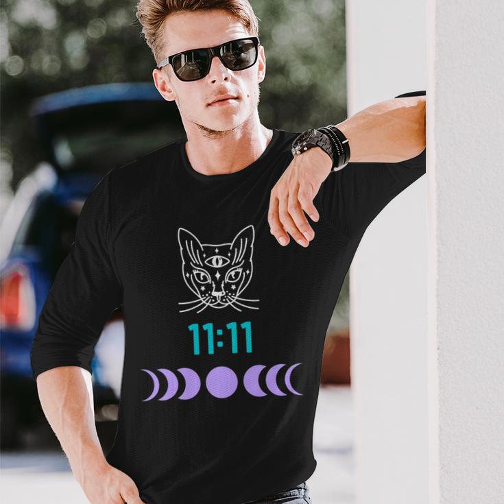 Manifestation Cat And Moon Phase 11 11 Eleven Eleven Purple Long Sleeve T-Shirt Gifts for Him