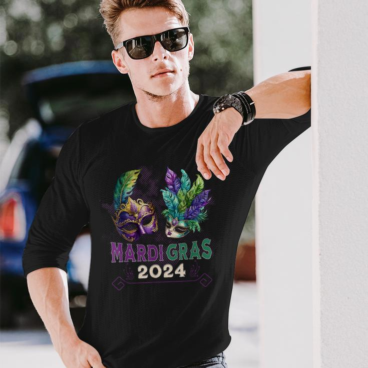 Mardi Gras 2024 Jester Feather Masks Carnival Parade Party Long Sleeve T-Shirt Gifts for Him
