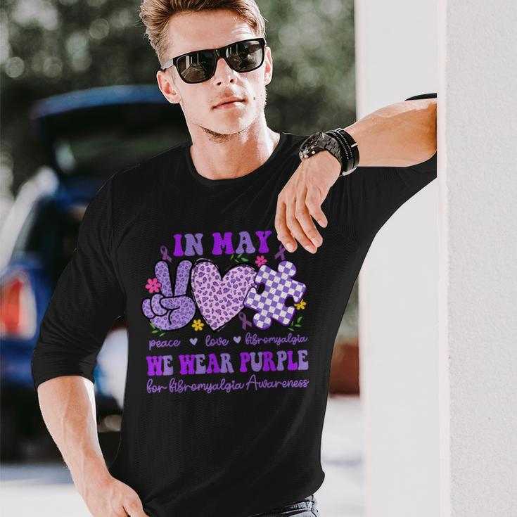 In May We Wear Purple For Fibromyalgia Awareness Peace Love Long Sleeve T-Shirt Gifts for Him