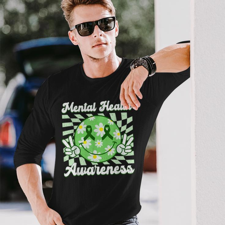 Mental Health Awareness Smile Face Checkered Green Ribbon Long Sleeve T-Shirt Gifts for Him