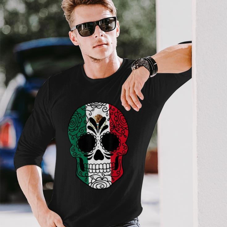 Mexico Flag Sugar Skull Mexican Long Sleeve T-Shirt Gifts for Him