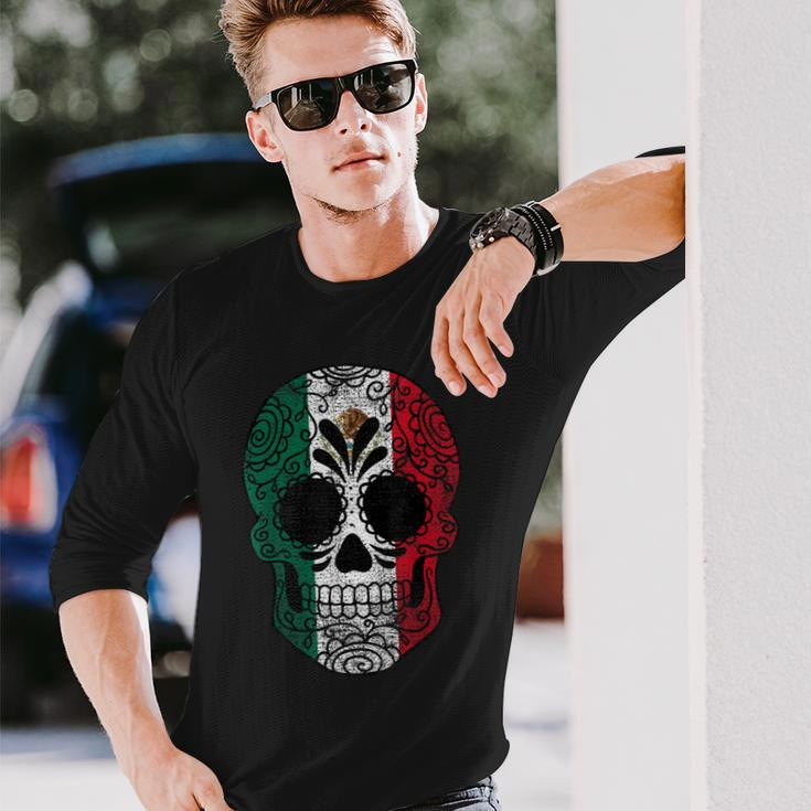 Mexico Flag Sugar Skull Mexican Vintage Long Sleeve T-Shirt Gifts for Him