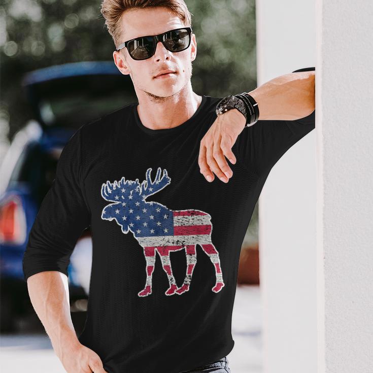 Moose Usa Flag Colorful Retro Vintage Long Sleeve T-Shirt Gifts for Him