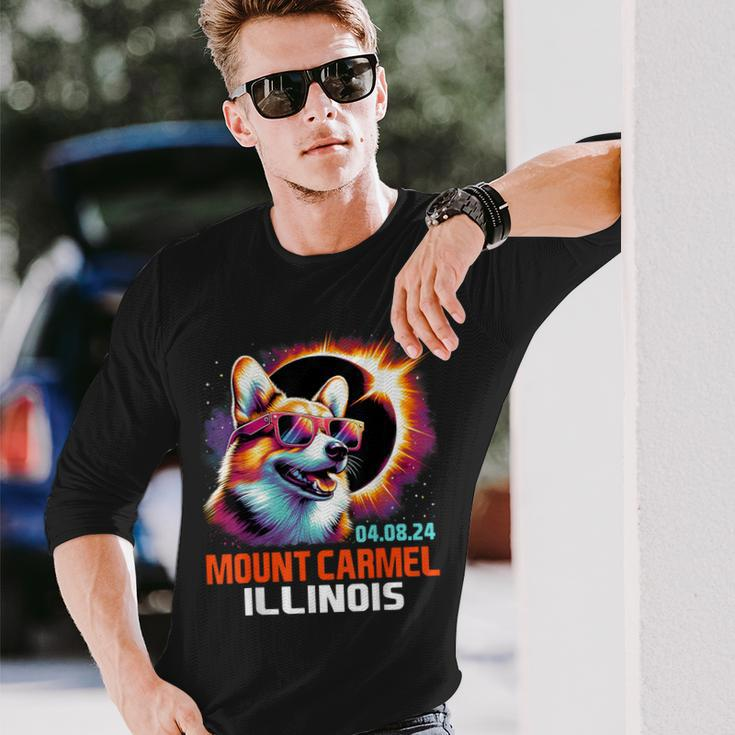 Mount Carmel Illinois Total Solar Eclipse 2024 Corgi Dog Long Sleeve T-Shirt Gifts for Him