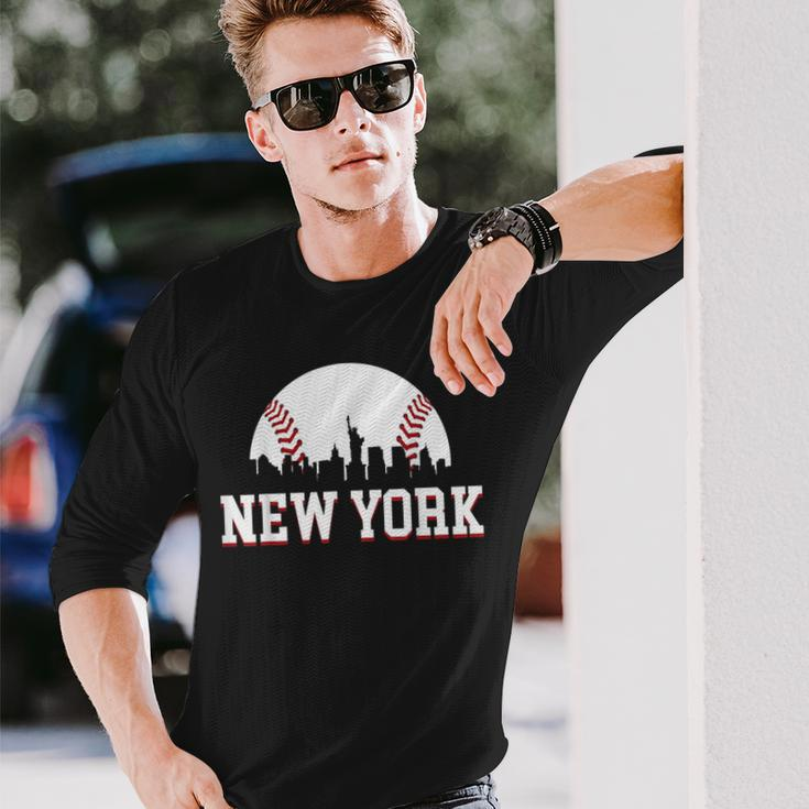 New York City Skyline Downtown Cityscape Baseball Sports Fan Long Sleeve T-Shirt Gifts for Him