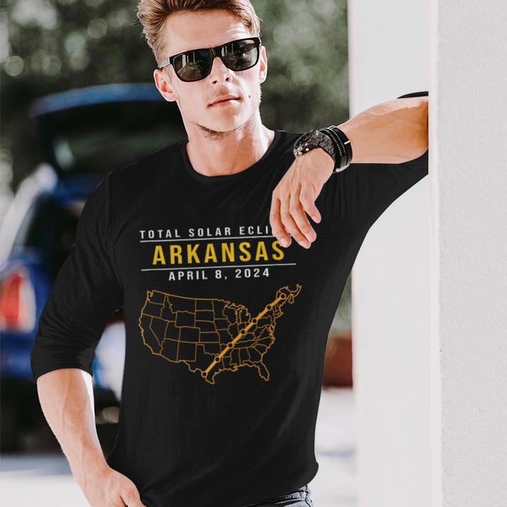 North America Total Solar Eclipse 2024 Arkansas Usa Map Long Sleeve T-Shirt Gifts for Him