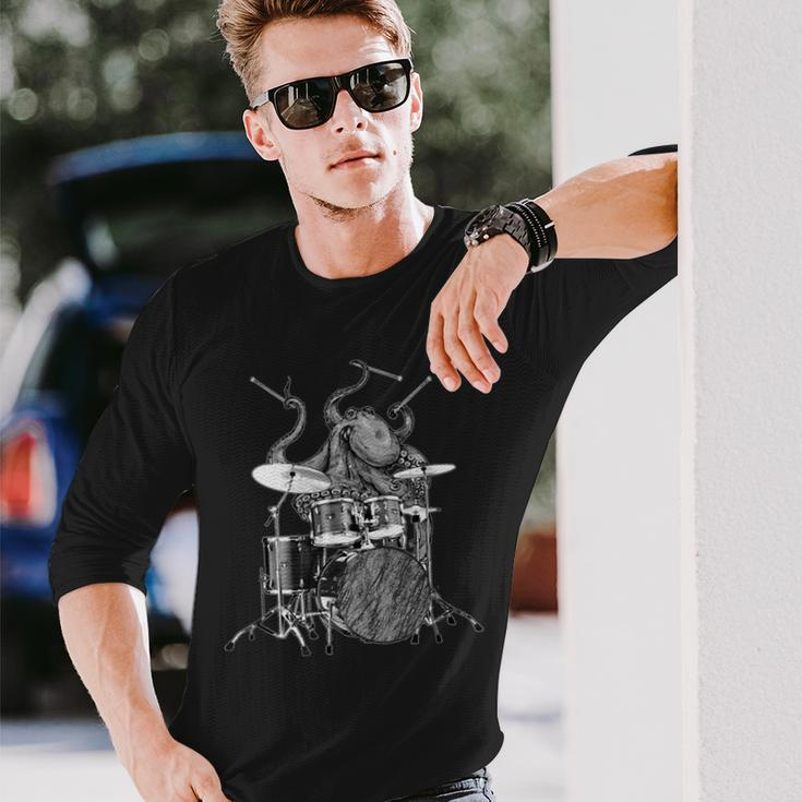 Octopus Playing Drums Drummer Ocean Creature Band Long Sleeve T-Shirt Gifts for Him