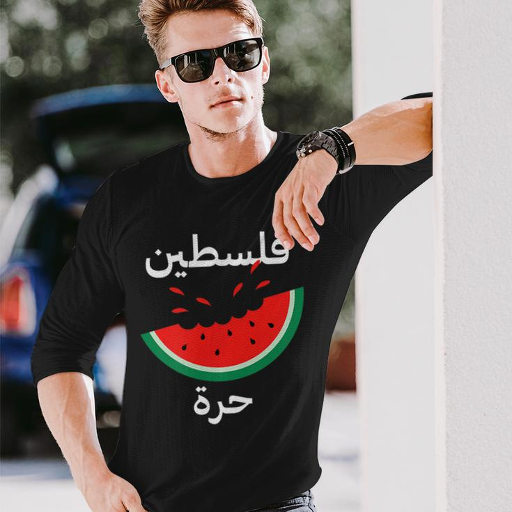 Palestine Map Watermelon Arabic Calligraphy Langarmshirts Geschenke für Ihn