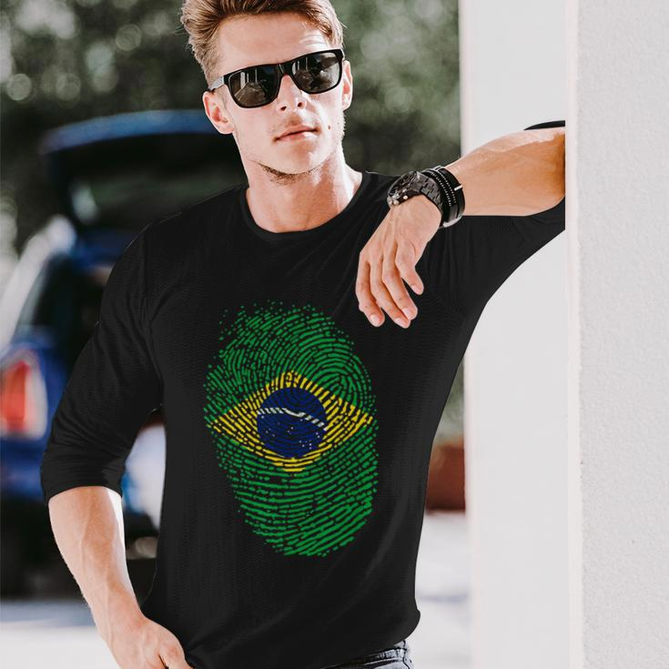 Patriotic Fingerprint Brazil Brazilian Flag Long Sleeve T-Shirt Gifts for Him