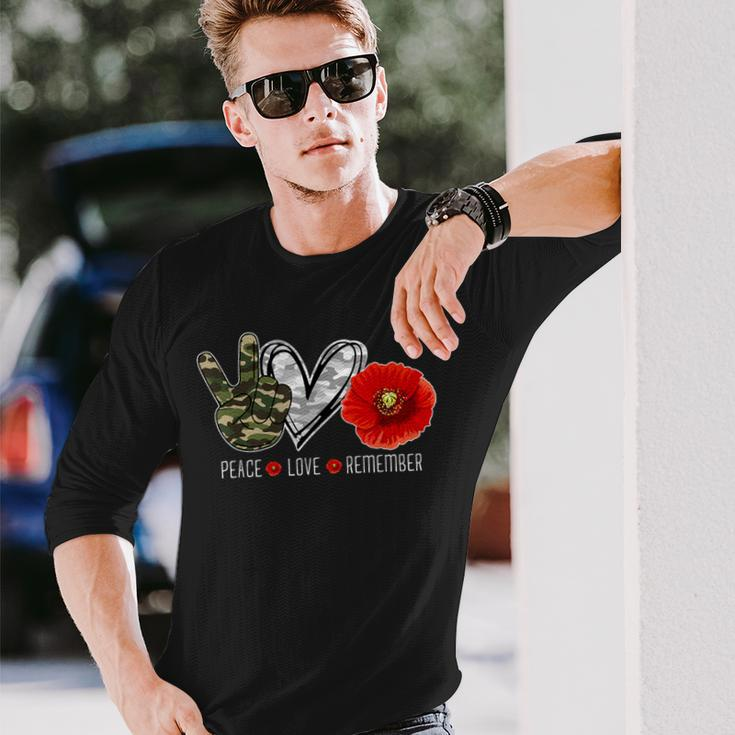 Peace Love Remember Soldier Veteran Day Red Poppy Flower Long Sleeve T-Shirt Gifts for Him