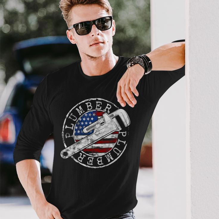 Plumber American Flag Plumbing Usa Patriot Stamp Style Long Sleeve T-Shirt Gifts for Him