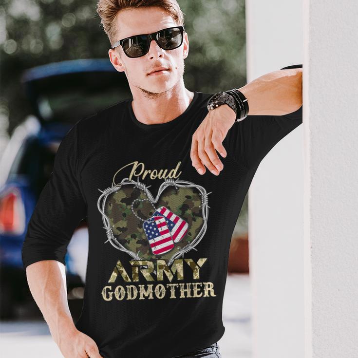 Proud Army Godmother With Heart American Flag For Veteran Long Sleeve T-Shirt Gifts for Him