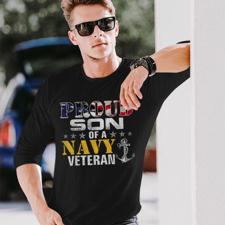 Proud Son Of A Navy Veteran American Flag Military Long Sleeve T-Shirt Gifts for Him