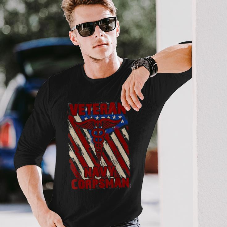 Proud Us Navy Corpsman Veteran Flag Vintage Long Sleeve T-Shirt Gifts for Him
