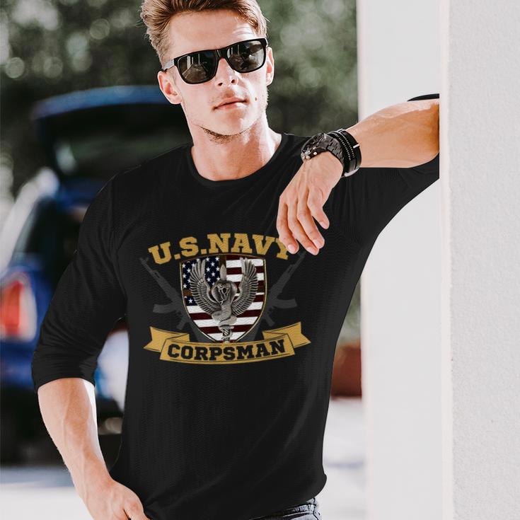 Proud Us Navy Corpsman Veteran Usa Flag Vintage Long Sleeve T-Shirt Gifts for Him