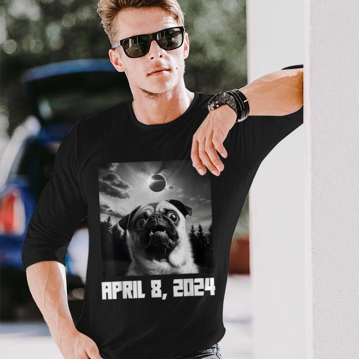 Pug Taking Selfie Totality 04 08 24 Total Solar Eclipse 2024 Long Sleeve T-Shirt Gifts for Him