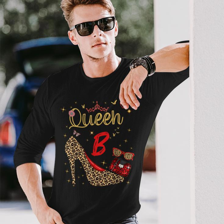 Queen Letter B Initial Name Leopard Heel Letter B Alphapet Long Sleeve T-Shirt Gifts for Him